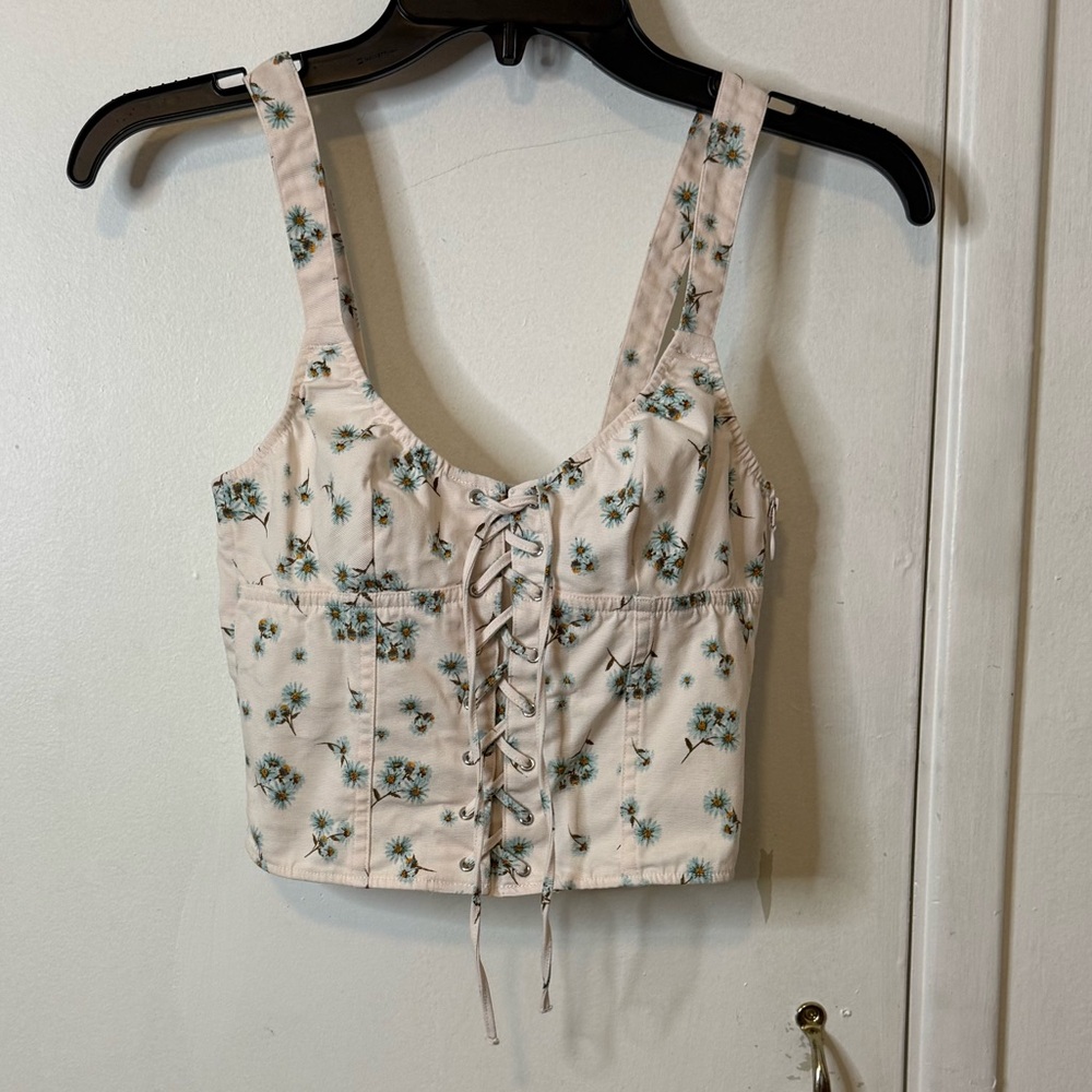 Victoria's Secret Floral Lace-Up Crop Top - Cream and Green